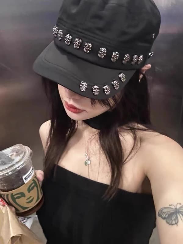 デニム キャスケット ドクロ飾り レディース 帽子