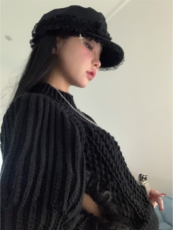 レース付き コーデュロイ キャスケット 十字架モチーフ