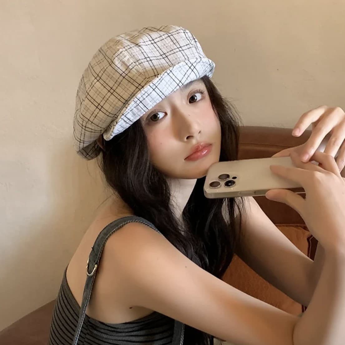 キャスケット 格子柄ハンチング帽