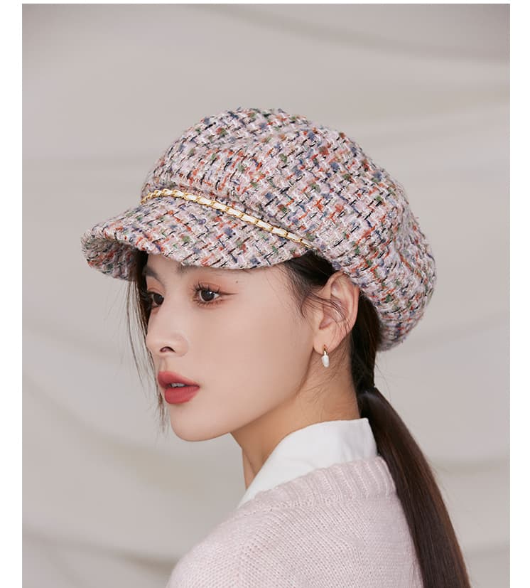 キャスケット 彩織りチェーン装飾ツイードキャスケット