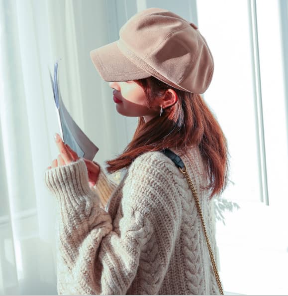 秋冬新作レディースキャスケット無地防寒保温スエード風帽子　ウール