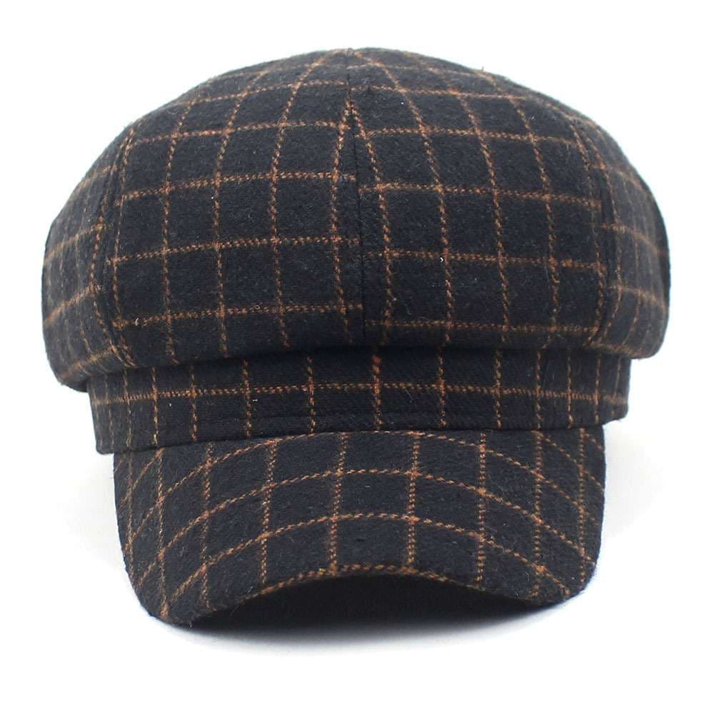 黒茶格子柄ウール混キャスケット帽