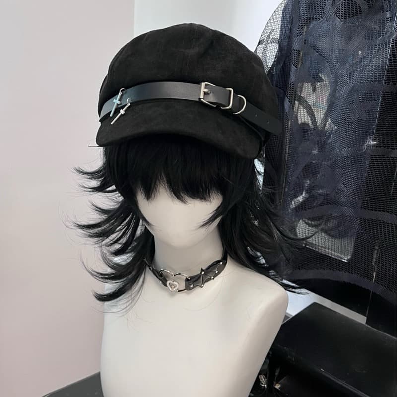 レディース レザーベルト キャスケット 黒 装飾帽子