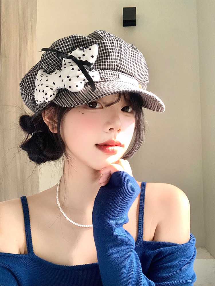 キャスケット 蝶結び格子柄キャスケット帽