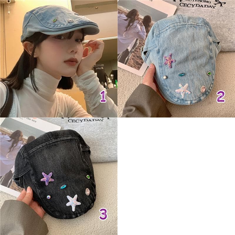 秋冬新作デニムキャスケット刺繍入り帽子3色展開