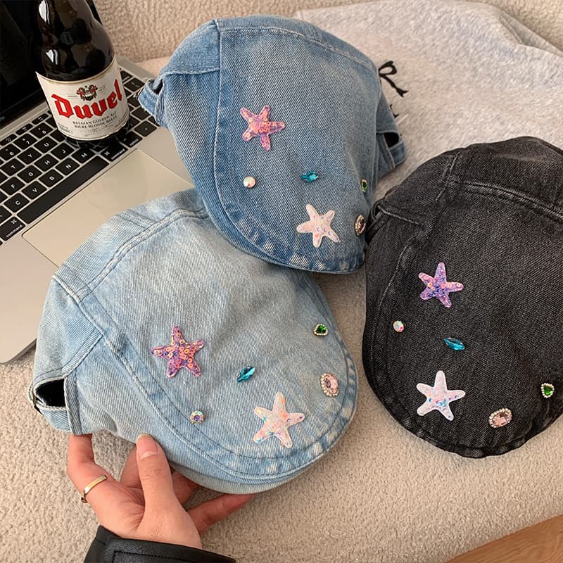 秋冬新作デニムキャスケット刺繍入り帽子3色展開