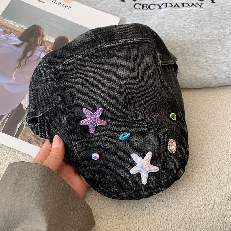 秋冬新作デニムキャスケット刺繍入り帽子3色展開